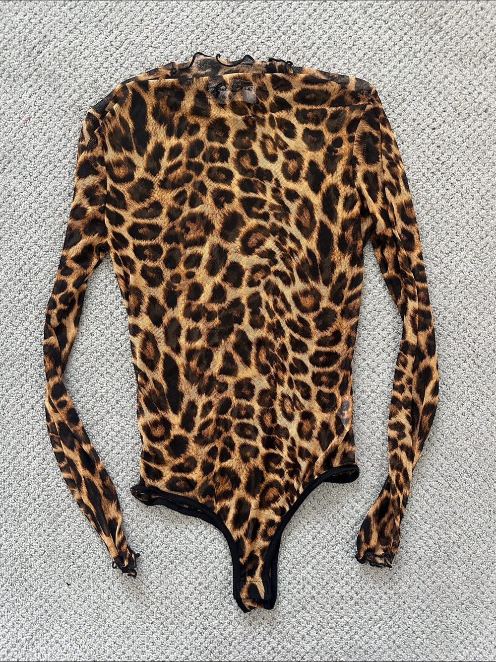 Leopard Print Sheer Long-Sleeve One-Piece Bodysuit - Brown
